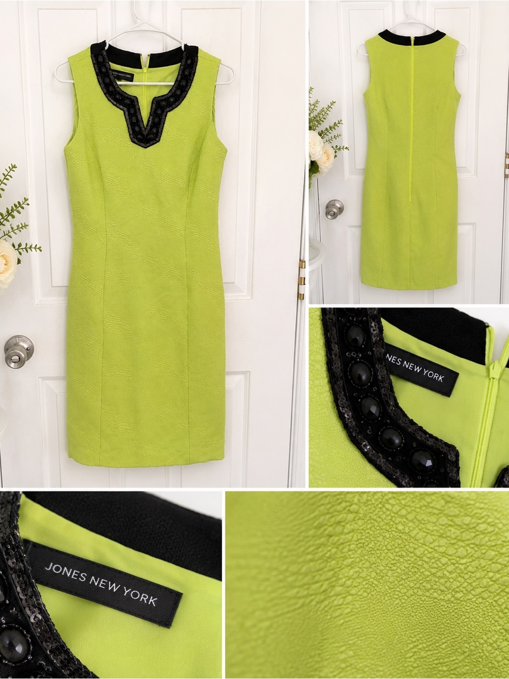 Jones New York Neon Lime Sleeveless Sheath Dress with Black Beaded Neckline